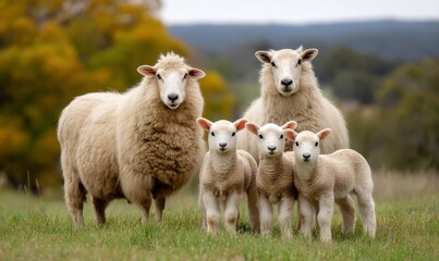 Adorable sheep family in a grassy field