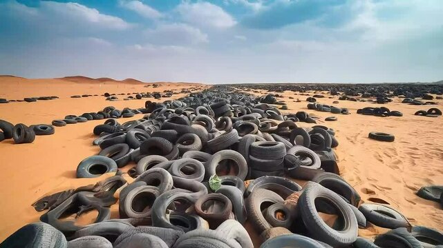 Numerous used vehicle tires form messy heaps across the arid desert ground under a blue sky