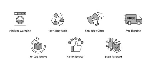 Product Feature Icon Set. Machine Washable, 100% Recyclable, Easy Wipe Clean, Free Shipping, 30-Day Returns, 5 Star Reviews, Stain Resistant. Editable Stroke.