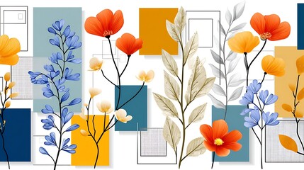 Abstract Floral Design Geometric Orange Yellow Blue Flowers Leaves Artwork