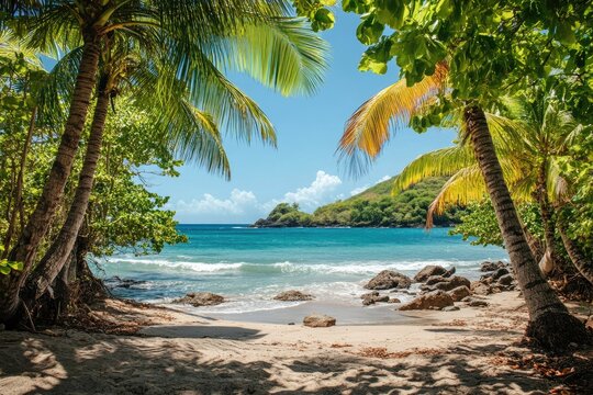 A view of a secluded, tropical beach with palm trees framing the turquoise water - Powered by Adobe