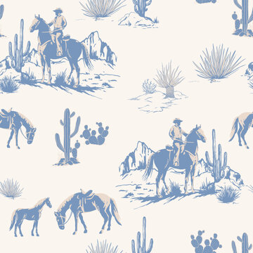 Cute Rodeo Cowboys seamless vector pattern. desert landscape with cacti repeating background. Wild West surface pattern design for All fabric and Prints