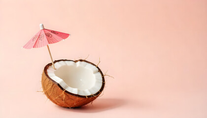 A fresh coconut with a pink umbrella on a soft peach background, ideal for summer.