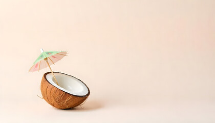 A halved coconut, adorned with a decorative umbrella, against a soft, warm background.