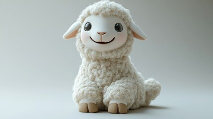 Fototapeta premium Cute cartoon sheep, sitting, studio, light background, possible use in children's book illustration