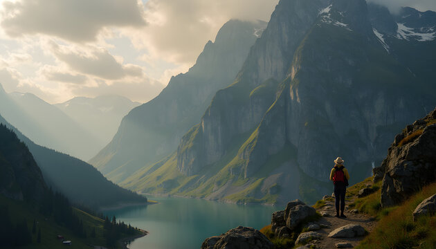 Hiker Pausing Contemplatively on Mountain Path Overlooking Serene Alpine Lake and Majestic Range at Golden Hour