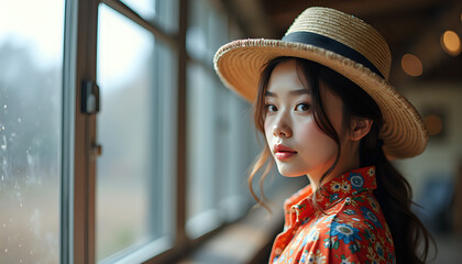 Thoughtful Young East Asian Woman in Straw Hat and Floral Shirt Posing Near Window with Soft Natural Light [with copy space]