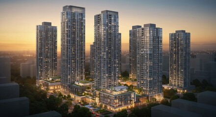 Fototapeta premium Modern City Skyscrapers at Sunset