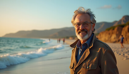 Smiling Older Man with Grey Hair and Glasses Standing Peacefully on Beach at Sunset against Ocean and Mountains
