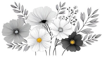 Elegant Monochrome Floral Bouquet Black White Grey Cosmos Flowers Line Art Leaves