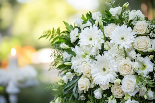 Elegant funeral wreath adorned with soft white flowers and vibrant green foliage, gently blurred background for peaceful commemorations and tribute to cherished individuals