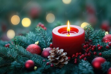Glowing Red Christmas Candle with Festive Greenery and Ornaments Soft Bokeh Shallow Depth of Field Dreamy Holiday Decoration