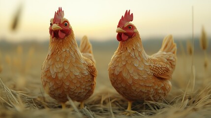 Fototapeta premium Two hens in a field at sunset