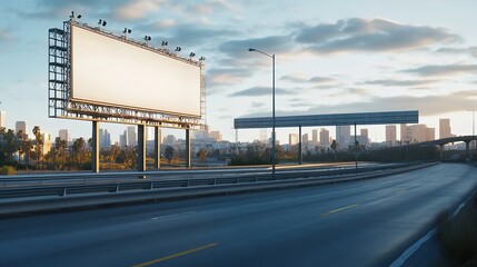 Billboard advertising mockup on highway with city skyline for outdoor advertisement and marketing campaign