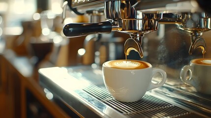 Exquisite espresso bar with modern sophisticated decor and close up of a barista creating intricate latte art showcasing the high end experience and gourmet of this premium cafe setting