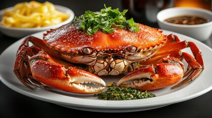 A large steamed crab with vibrant red-orange shells, served on an elegant white ceramic plate, garnished with fresh green herbs and a side of spicy seafood dipping sauce.