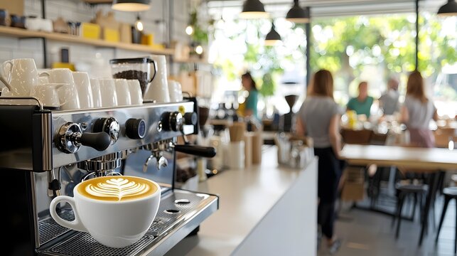Skilled barista showcasing the creation of intricate latte art in a bustling and cozy coffee shop setting with blurred background of customers enjoying their drinks and the overall relaxed atmosphere