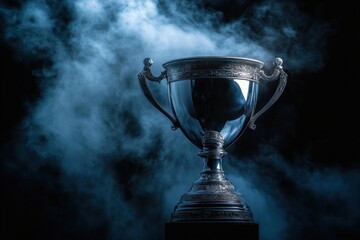 Silver trophy with dramatic lighting and cinematic fog on dark minimalist background with copy space