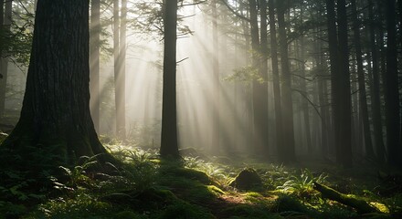 Obraz premium Sun Rays Through Forest Trees and Greenery