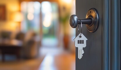 A house key with a key chain in the shape of a house is hanging on a door knob. The door is open and a living room is blurred in the background