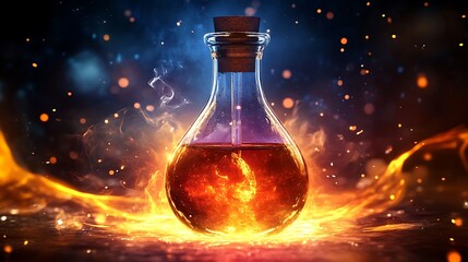 A glowing potion in a flask surrounded by flames and sparks.