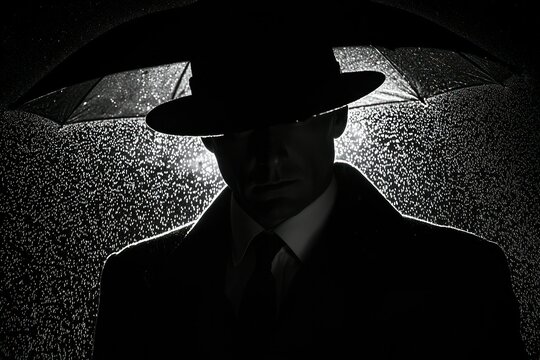 Silhouette of a man under a rain-slicked umbrella