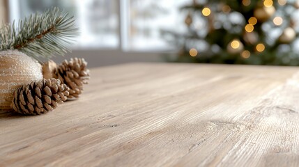 Rustic wooden tabletop with holiday decorations