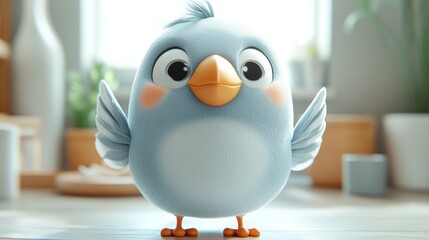 Cute cartoon bird on a kitchen countertop, looking directly at the camera, with a blurred background.  Use Children's book illustration, greeting card