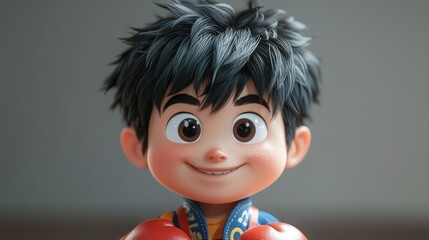 Animated boy boxer close-up, cheerful expression, gray background, award ceremony