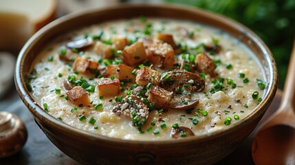 Creamy mushroom soup with croutons and chives in a bowl.