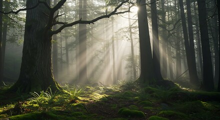 Obraz premium Forest with Sun Rays Through Trees
