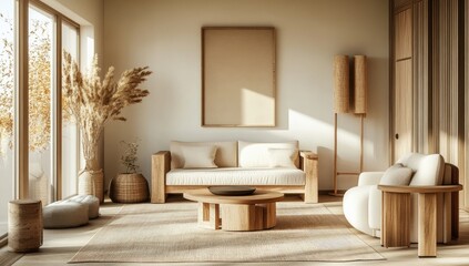 Fototapeta premium Minimalist living room with a white sofa, wooden coffee table and a large window