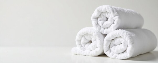 Set of fluffy white terry towels neatly rolled together, soft, terry, rolled