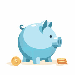 Obraz premium Glossy blue piggy bank on clean desk with coins, savings concept