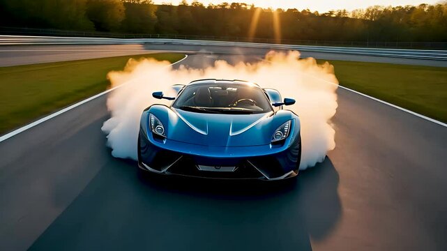 Blue supercar drifting on racetrack at sunset leaving thick smoke trail