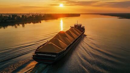 A sand transport boat gliding across the river, with piles of golden sand in its cargo hold, as the sun sets in the background, casting warm light on the scene.