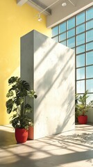 Modern Office Interior Design  Sunlit Workspace  Concrete Wall  Plants  Mockup
