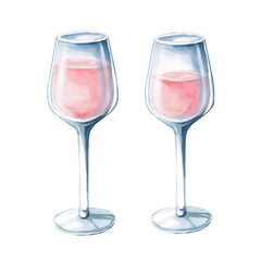Two differently filled glasses of rose wine. Isolated watercolor illustration on the theme of a party for restaurant decoration, menu, printing on posters and fabrics.