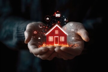 Hands holding a small red and white house model with glowing smart home technology icons representing security automation and digital control