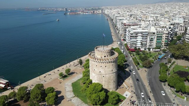 Tourists Walk Around The White Tower Of Thessaloniki Drone Circling Close 4K 60FPS