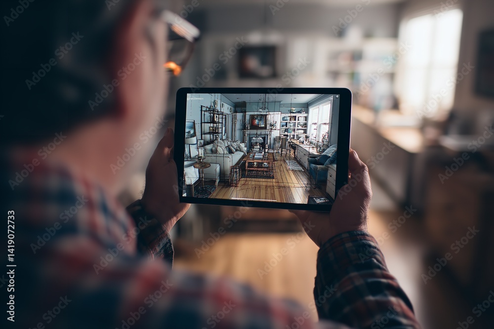 Wall mural architect holding tablet with augmented reality interface displaying interior design in blurred back
