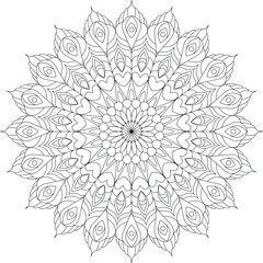 Elegant circular mandala artwork with stylized feather-like elements and love shape. Ideal for prints, wall art, and detailed design projects