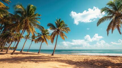 Fototapeta premium A sunny summer afternoon with palm trees swaying in the breeze, the golden sand stretching out under a bright blue sky, inviting relaxation.