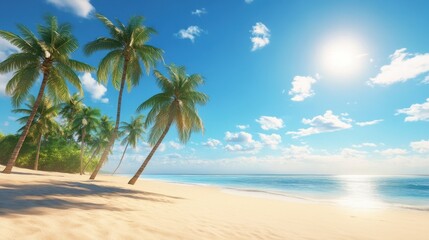 Obraz premium A sunny summer afternoon with palm trees swaying in the breeze, the golden sand stretching out under a bright blue sky, inviting relaxation.