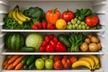 An open white domestic refrigerator in a home kitchen shows fresh healthy fruit and vegetables inside on a shelf