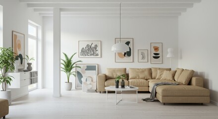 Modern Minimalist Living Room with Beige Sofa and Abstract Art