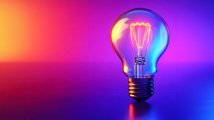 Illuminated Light Bulb Against a Vibrant Gradient Background radiates light, symbolizing creativity and ideas