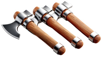 Stylish Axe Set: Three sleek, modern axes rest, showcasing polished steel blades and elegant wooden handles, a testament to expert craftsmanship. 