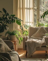 Serene Neutral Living Room: Potted Plants and Soft Sunlight