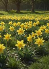 Fototapeta premium Sunlit daffodils burst forth in vibrant yellow against a lush green meadow , botany, flora
